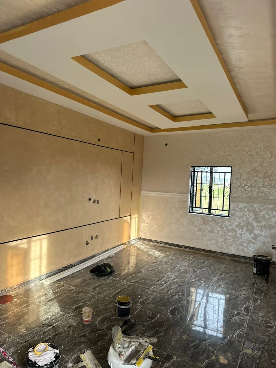 Wide view of the coffered ceiling and panelled walls